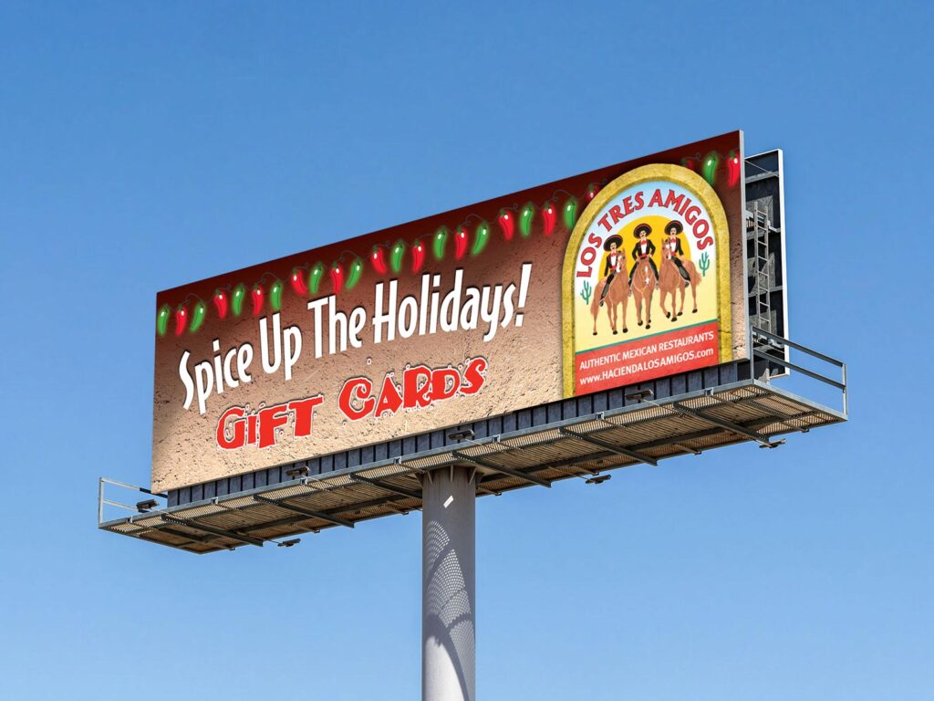 Los Tres Amigos holiday promotional billboard mock-up